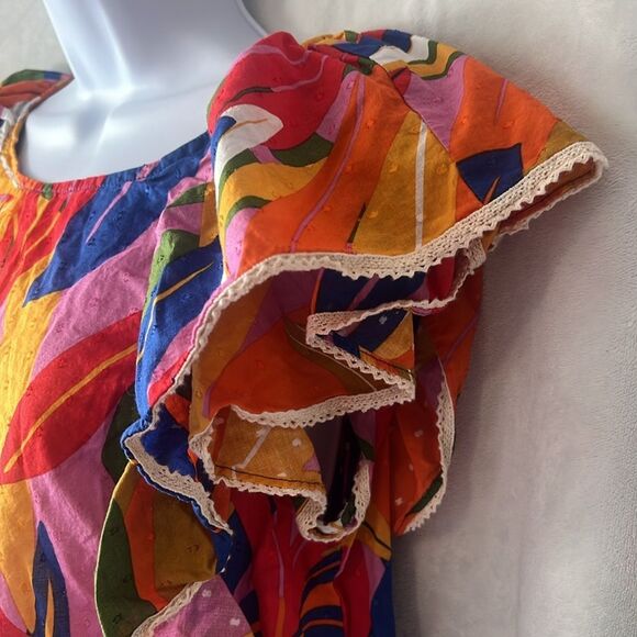 Marc New York Ruffled Short Sleeve Colorful Tropical Top Size Small - Picture 6 of 14